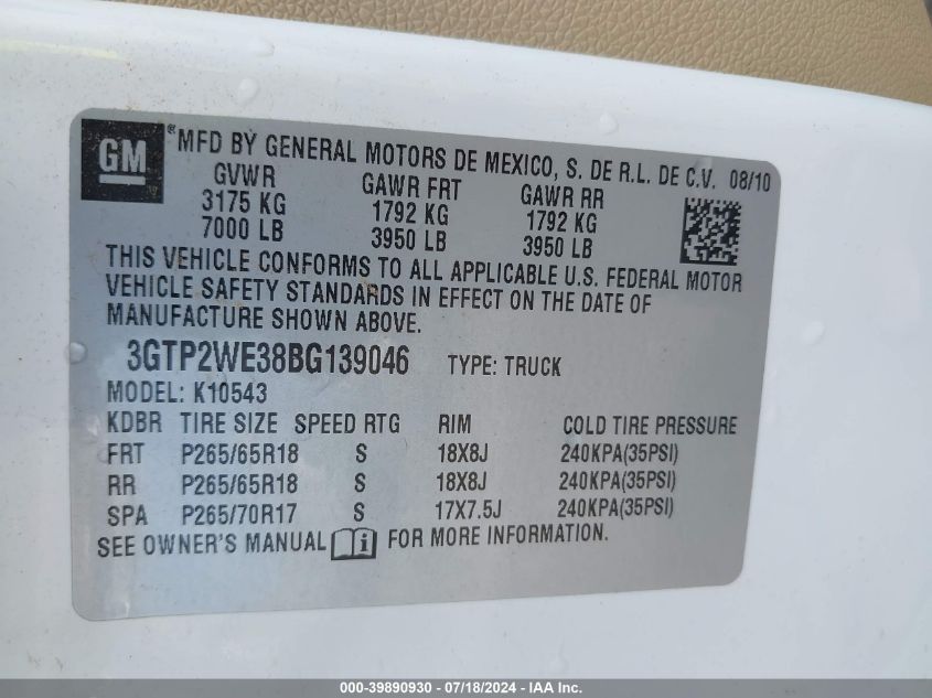 2011 GMC Sierra 1500 Slt VIN: 3GTP2WE38BG139046 Lot: 39890930