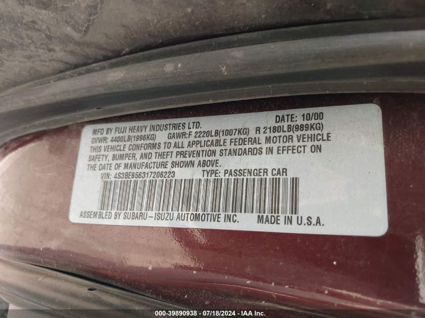 2001 Subaru Legacy Gt Limited/Gt Ltd VIN: 4S3BE656317206223 Lot: 39890938