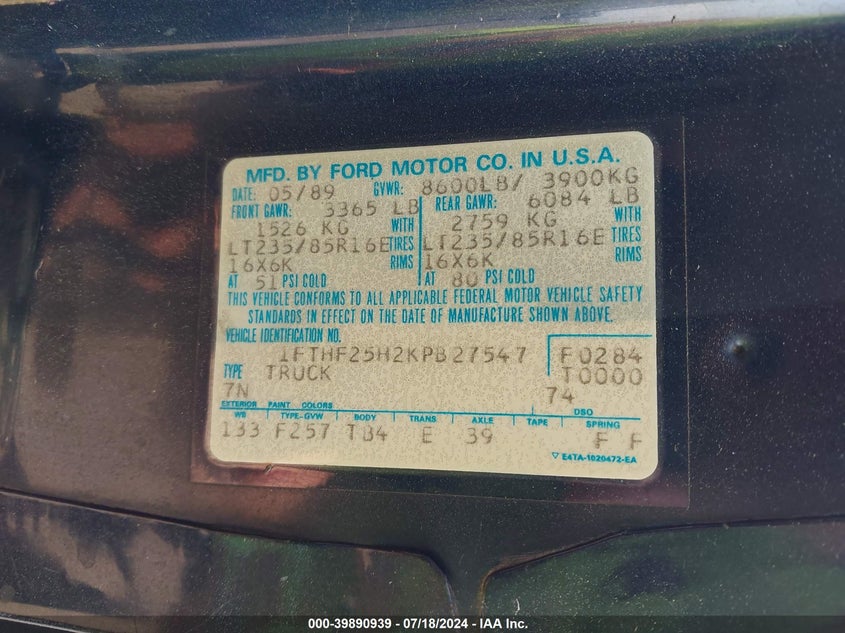 1989 Ford F250 VIN: 1FTHF25H2KPB27547 Lot: 39890939