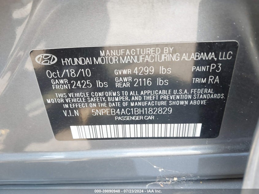2011 Hyundai Sonata Gls VIN: 5NPEB4AC1BH182829 Lot: 39890948