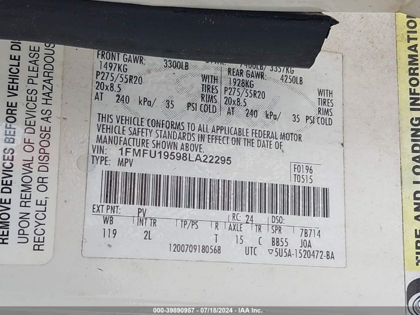 2008 Ford Expedition Limited VIN: 1FMFU19598LA22295 Lot: 39890957