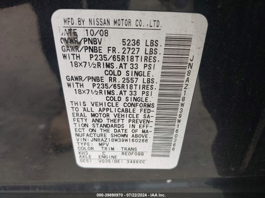 2009 Nissan Murano Sl VIN: JN8AZ18W39W160266 Lot: 39890970