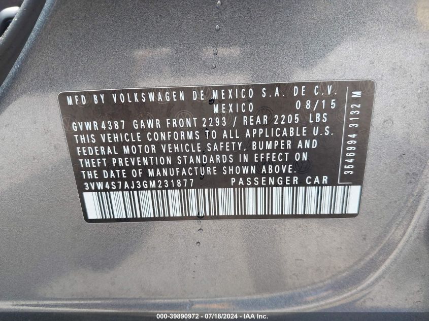 2016 Volkswagen Jetta 2.0T Gli Se VIN: 3VW4S7AJ3GM231877 Lot: 39890972