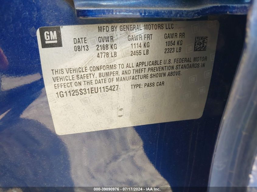 2014 Chevrolet Impala 2Lt VIN: 1G1125S31EU115427 Lot: 39890976