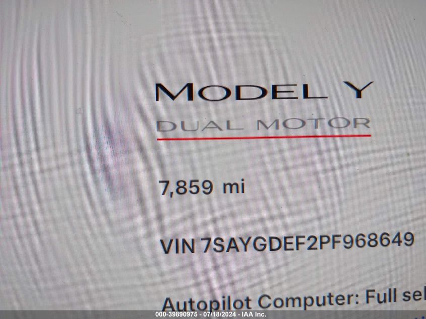 2023 Tesla Model Y VIN: 7SAYGDEF2PF968649 Lot: 39890975