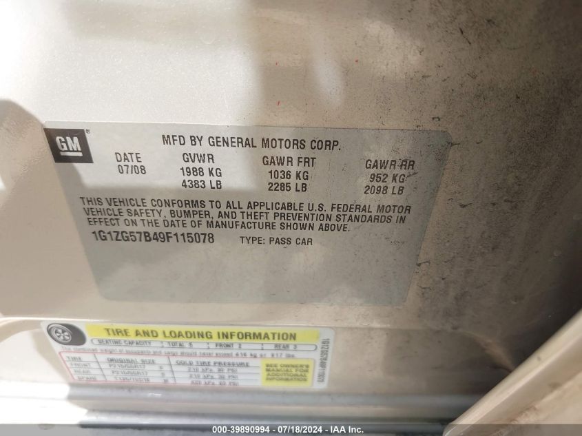 2009 Chevrolet Malibu Ls VIN: 1G1ZG57B49F115078 Lot: 39890994