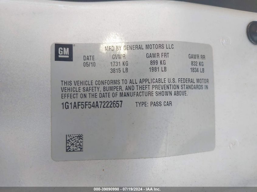 2010 Chevrolet Cobalt Lt VIN: 1G1AF5F54A7222657 Lot: 39890998