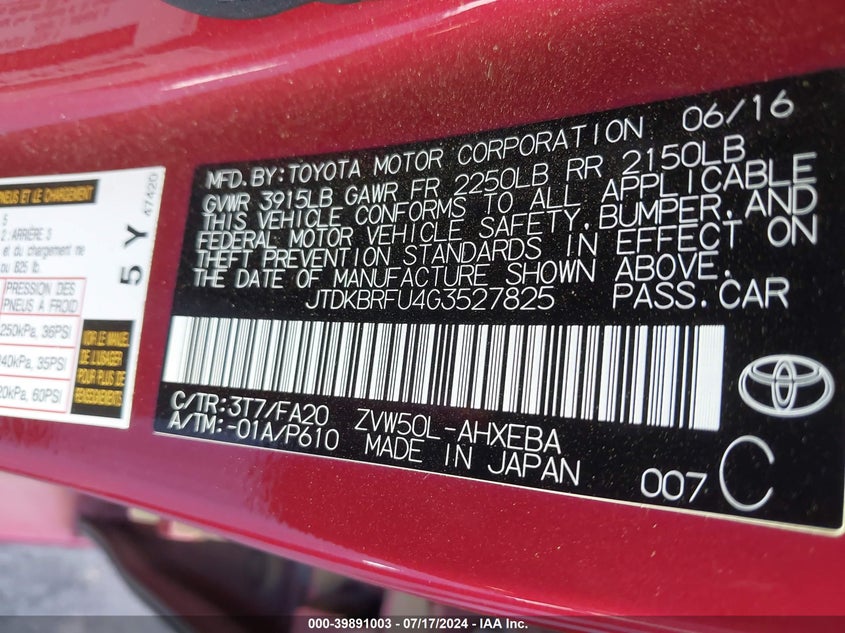 2016 TOYOTA PRIUS - JTDKBRFU4G3527825