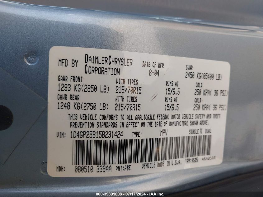 2005 Dodge Caravan Se VIN: 1D4GP25B15B231424 Lot: 39891008