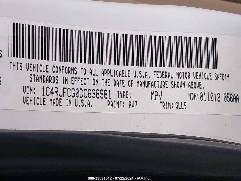 2013 Jeep Grand Cherokee Overland VIN: 1C4RJFCG0DC638981 Lot: 39891012