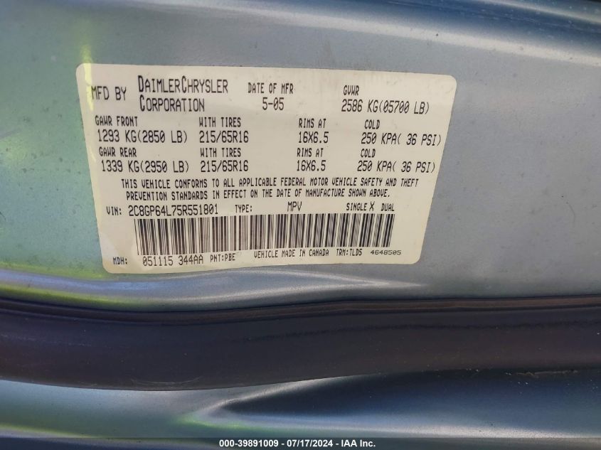 2005 Chrysler Town & Country Limited VIN: 2C8EP64L75R551801 Lot: 39891009