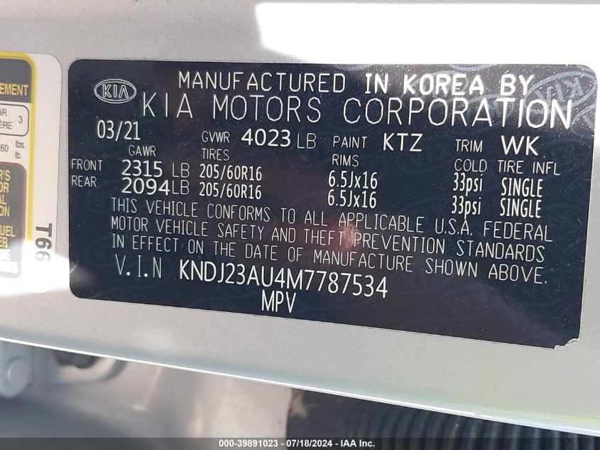 2021 Kia Soul S VIN: KNDJ23AU4M7787534 Lot: 39891023