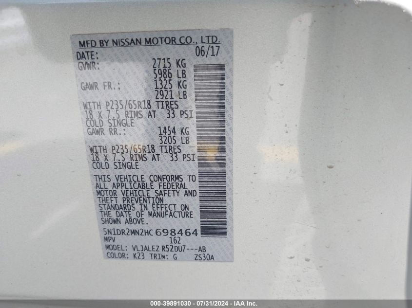 2017 Nissan Pathfinder Sv VIN: 5N1DR2MN2HC698464 Lot: 39891030