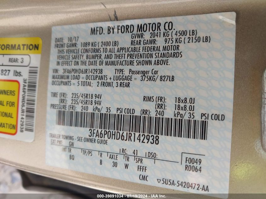 2018 Ford Fusion Se VIN: 3FA6P0HD6JR142938 Lot: 39891034