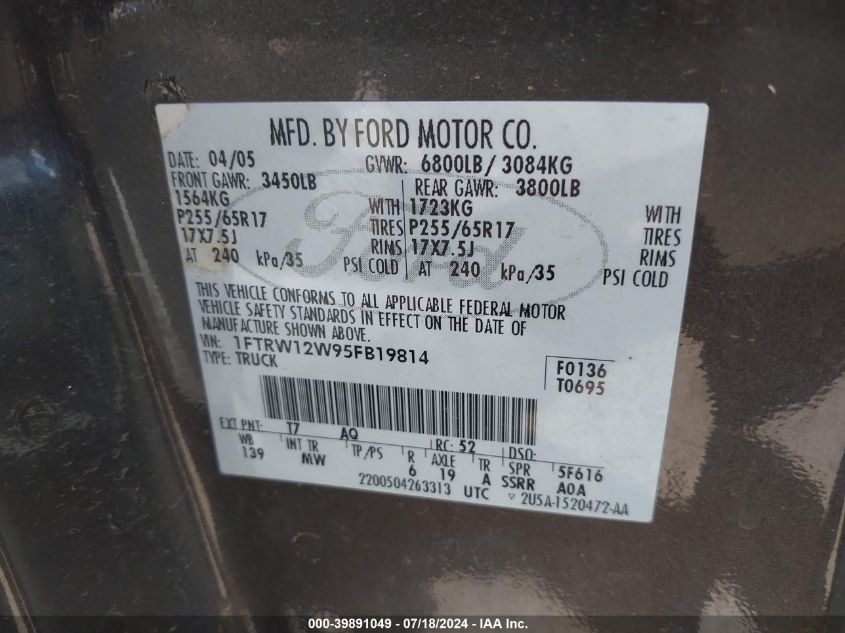 2005 Ford F-150 Xlt VIN: 1FTRW12W95FB19814 Lot: 39891049