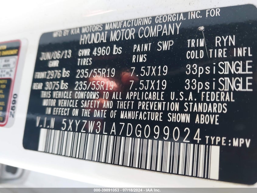 2013 Hyundai Santa Fe Sport VIN: 5XYZW3LA7DG099024 Lot: 39891053