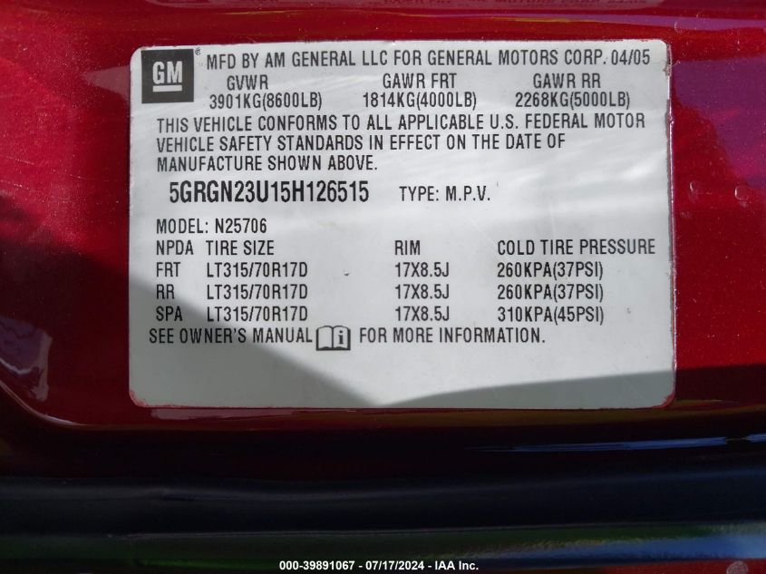 2005 Hummer H2 VIN: 5GRGN23U15H126515 Lot: 39891067