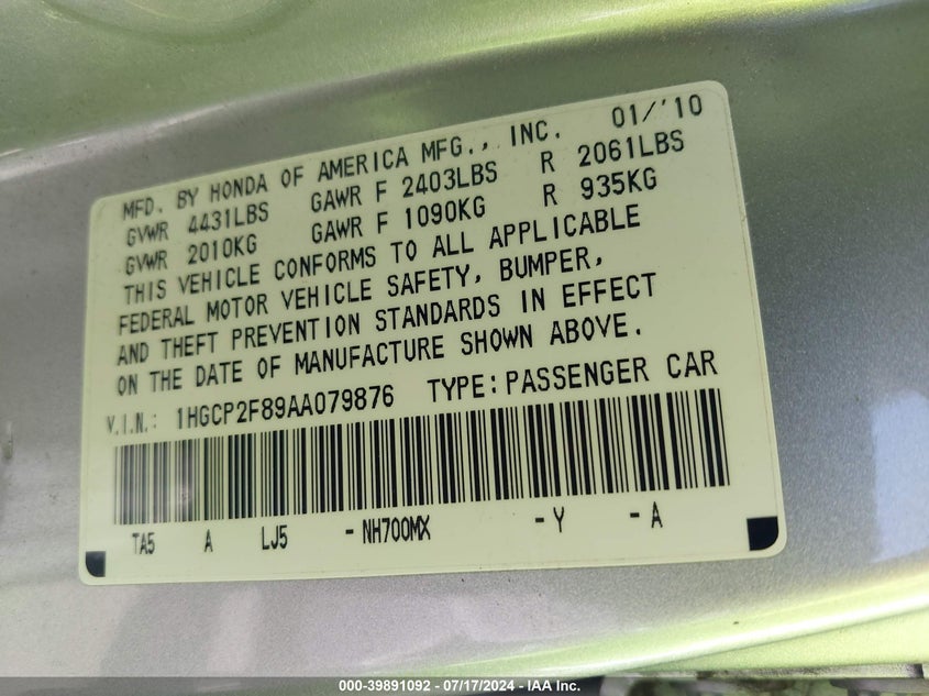 2010 Honda Accord 2.4 Ex-L VIN: 1HGCP2F89AA079876 Lot: 39891092