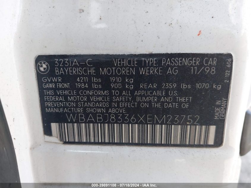 1999 BMW 323Ic VIN: WBABJ8336XEM23752 Lot: 39891108