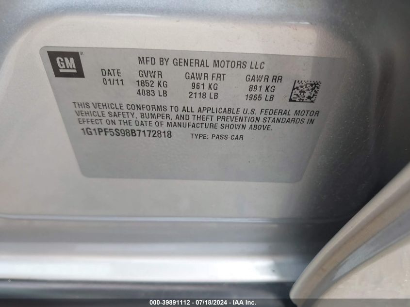 2011 Chevrolet Cruze 1Lt VIN: 1G1PF5S98B7172818 Lot: 39891112