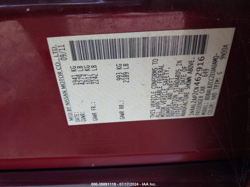 1N4AL2AP2CN462916 2012 Nissan Altima S