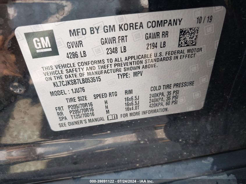 2020 Chevrolet Trax Fwd Ls VIN: KL7CJKSB7LB053515 Lot: 39891122