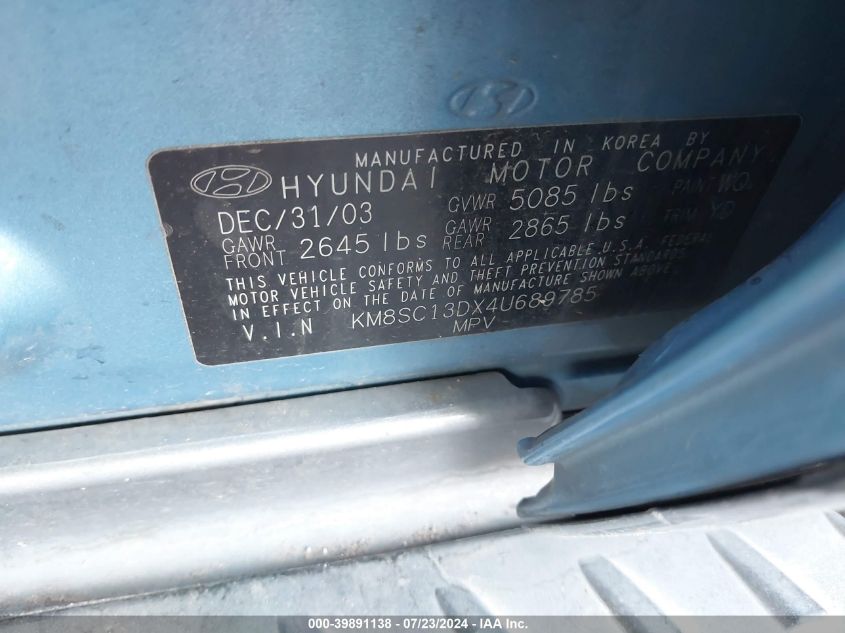 2004 Hyundai Santa Fe Gls VIN: KM8SC13DX4U689785 Lot: 39891138