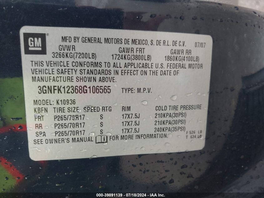 2008 Chevrolet Avalanche 1500 Lt VIN: 3GNFK12368G106565 Lot: 39891139