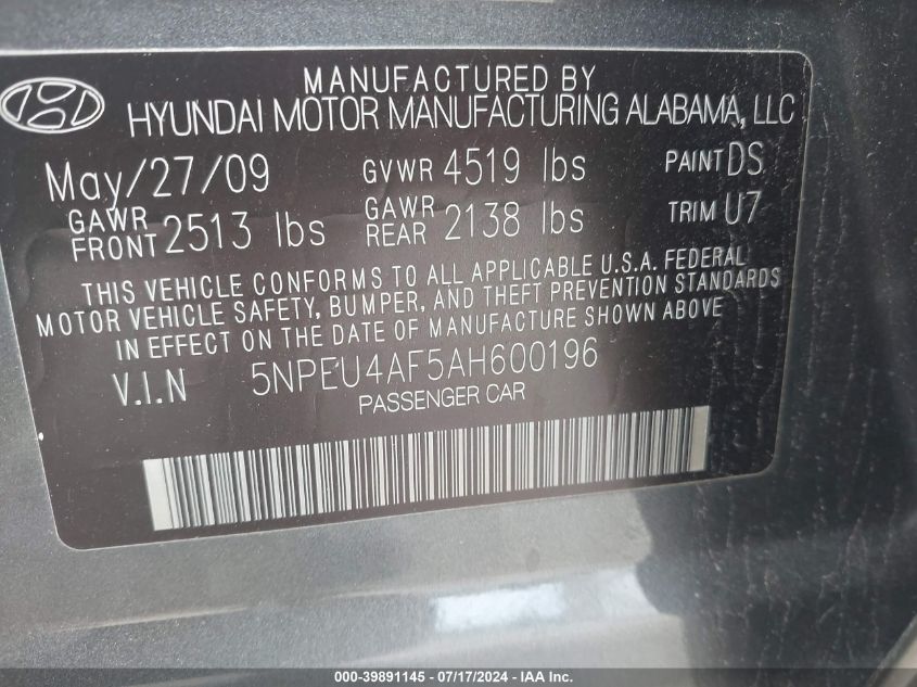 2010 Hyundai Sonata Se V6 VIN: 5NPEU4AF5AH600196 Lot: 39891145