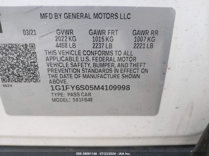 2021 Chevrolet Bolt Ev Fwd Lt VIN: 1G1FY6S05M4109998 Lot: 39891148