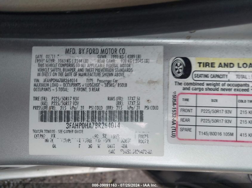 2011 Ford Fusion Se VIN: 3FAHP0HA7BR264014 Lot: 39891163