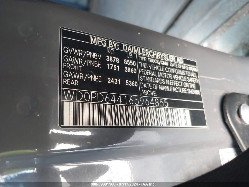 2006 Dodge Sprinter Van 2500 Shc VIN: WD0PD644165964855 Lot: 39891166