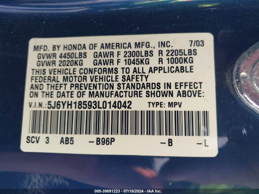 2003 Honda Element Ex VIN: 5J6YH18593L014042 Lot: 39891223