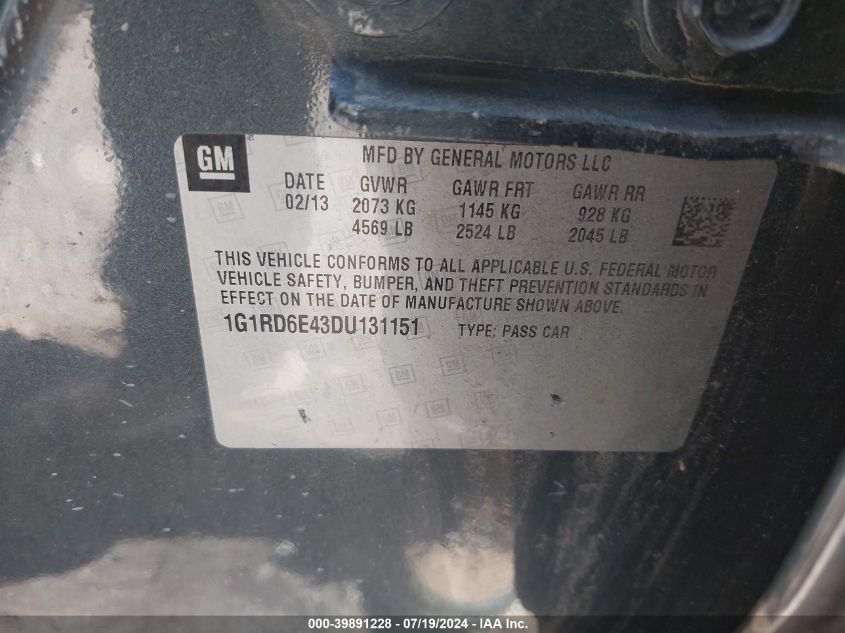 2013 Chevrolet Volt VIN: 1G1RD6E43DU131151 Lot: 39891228