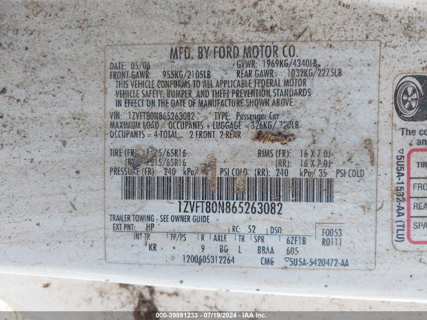 2006 Ford Mustang VIN: 1ZVFT80N865263082 Lot: 39891233