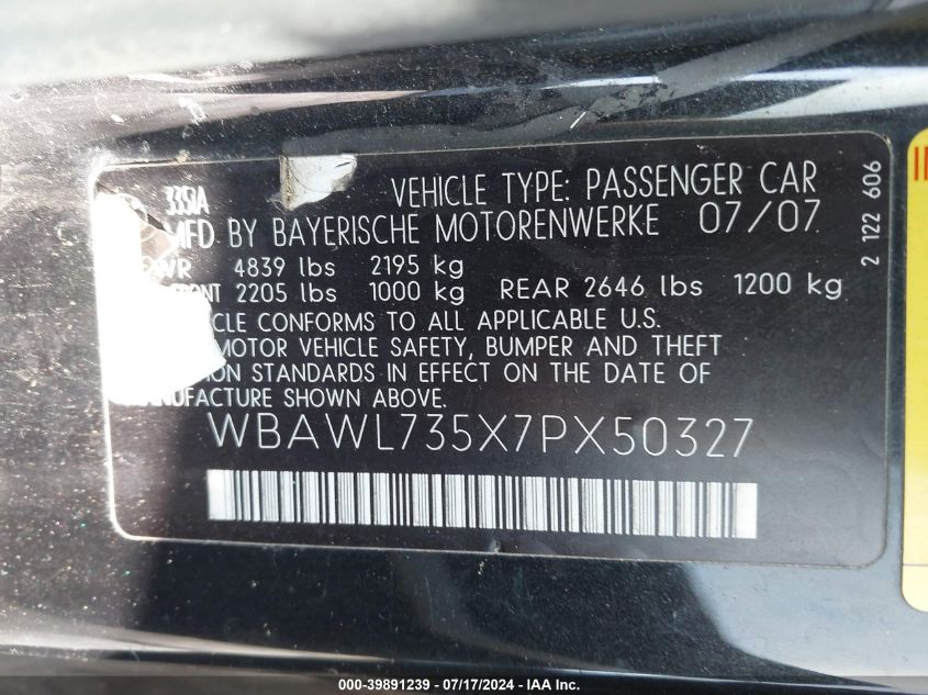 2007 BMW 335I 335I VIN: WBAWL735X7PX50327 Lot: 39891239