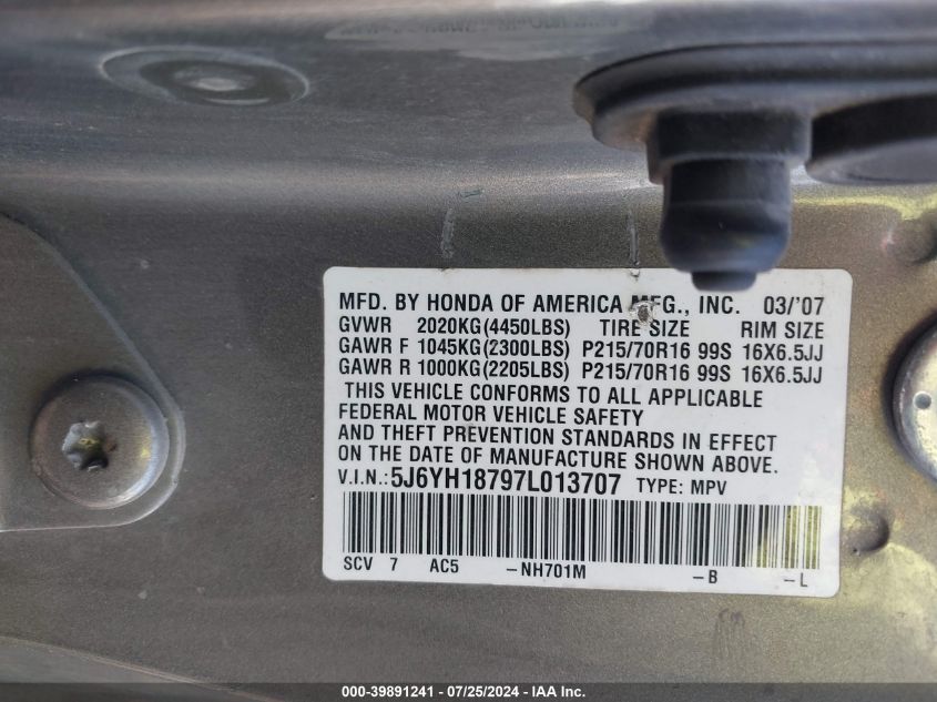 2007 Honda Element Ex VIN: 5J6YH18797L013707 Lot: 39891241