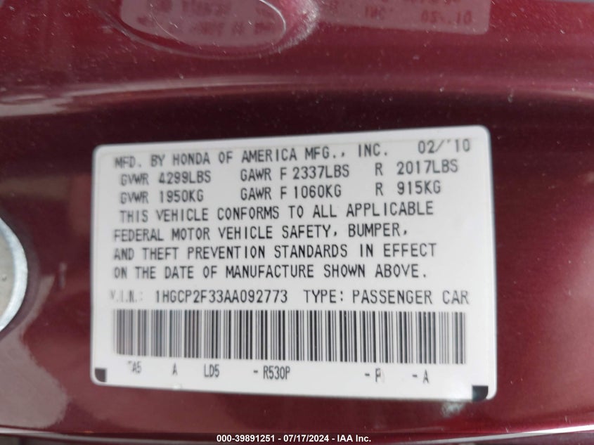 2010 Honda Accord 2.4 Lx VIN: 1HGCP2F33AA092773 Lot: 39891251