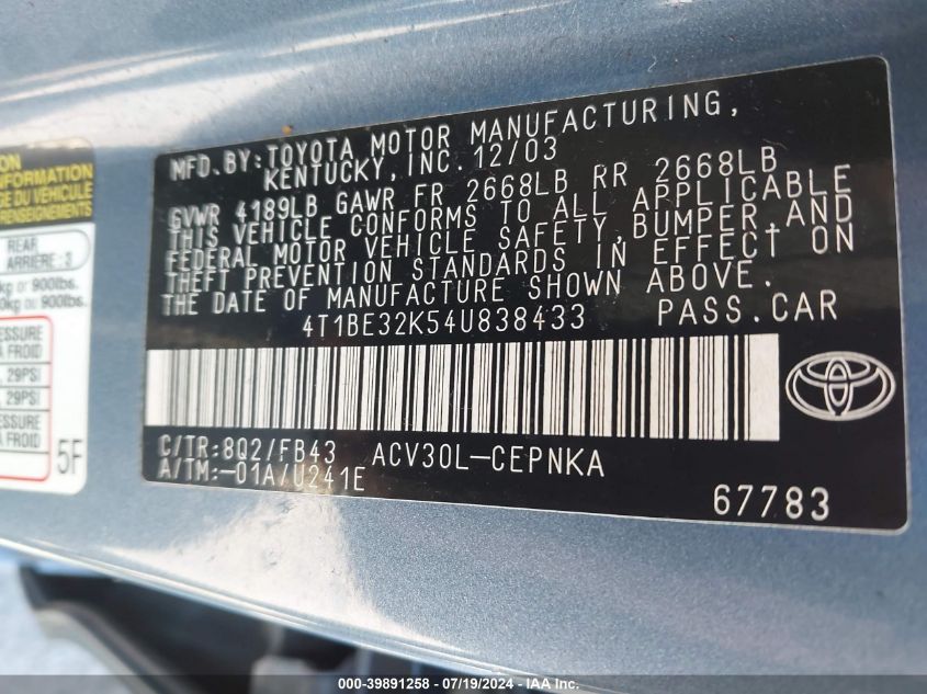 2004 Toyota Camry Le VIN: 4T1BE32K54U838433 Lot: 39891258