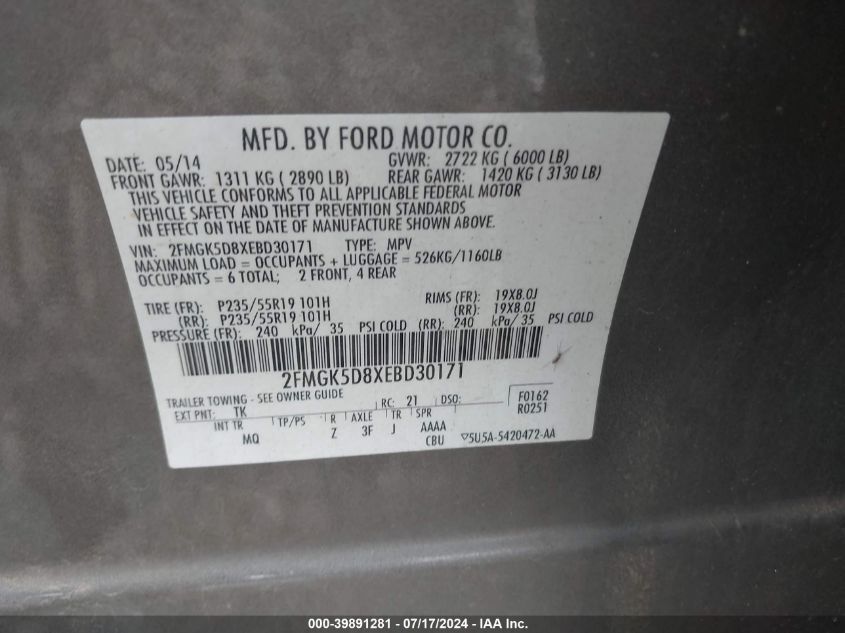 2014 Ford Flex Limited VIN: 2FMGK5D8XEBD30171 Lot: 39891281