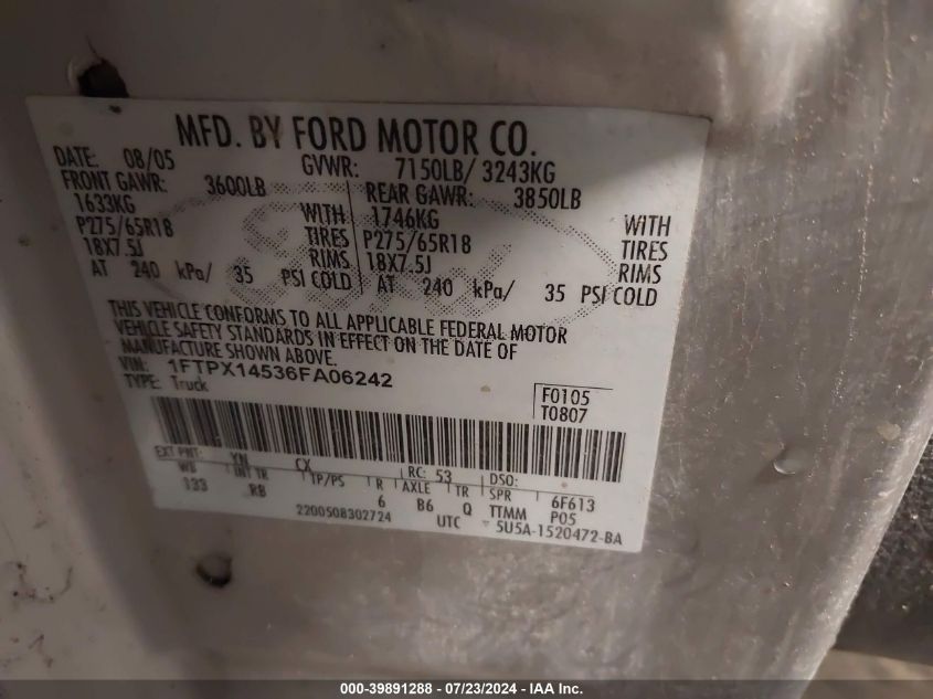 2006 Ford F-150 Fx4/Lariat/Xl/Xlt VIN: 1FTPX14536FA06242 Lot: 39891288