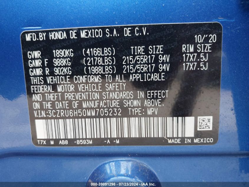 2021 Honda Hr-V Awd Ex VIN: 3CZRU6H50MM705232 Lot: 39891298