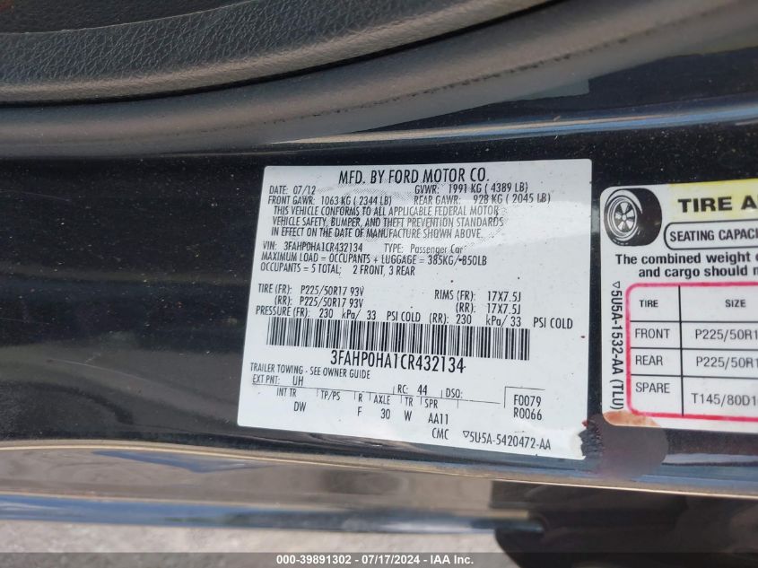 2012 Ford Fusion Se VIN: 3FAHP0HA1CR432134 Lot: 39891302