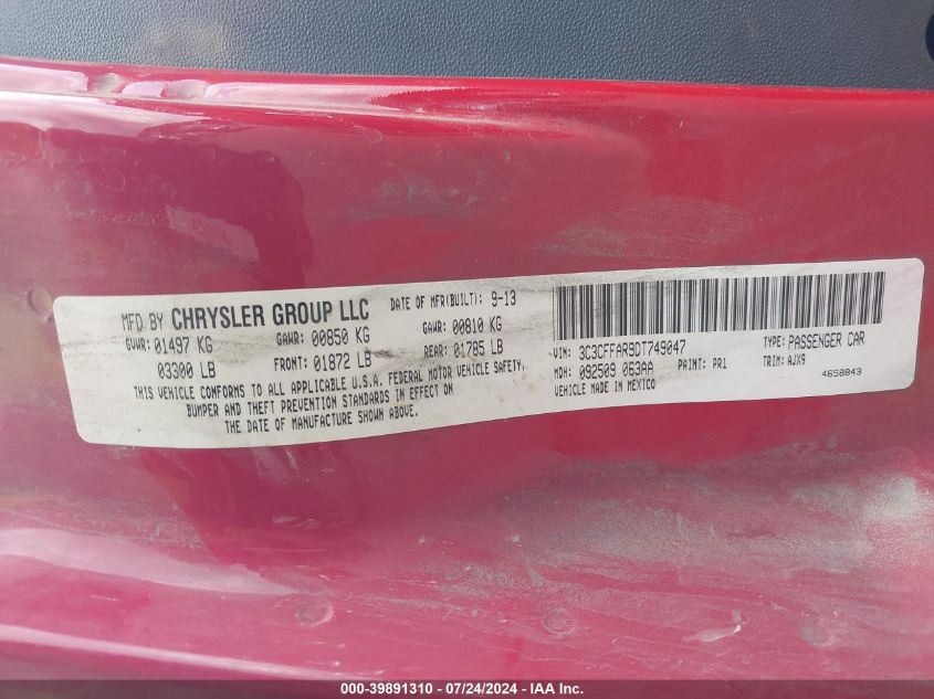 2013 Fiat 500 Pop VIN: 3C3CFFAR9DT749047 Lot: 39891310
