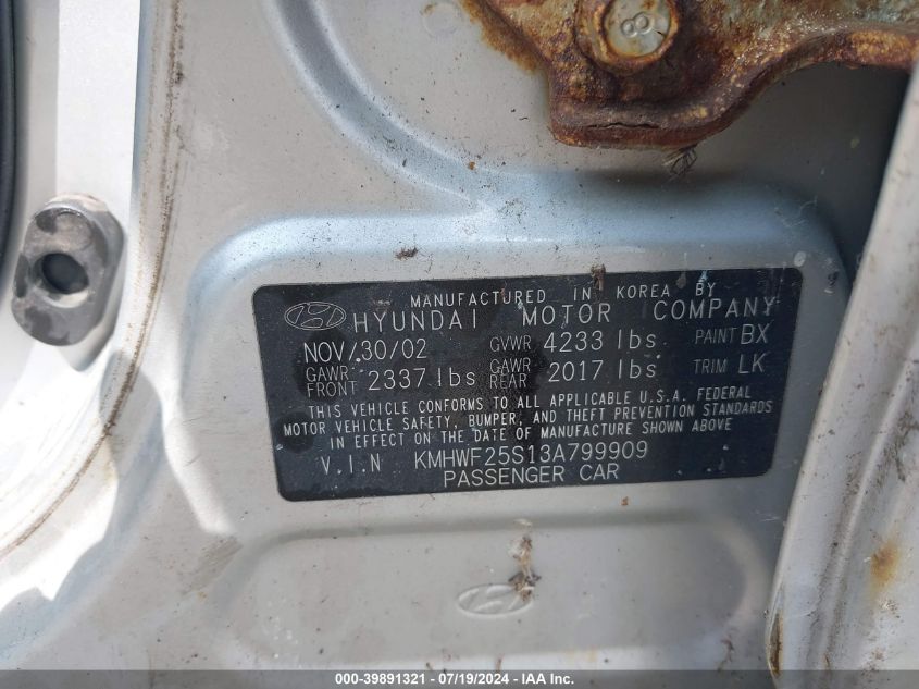 2003 Hyundai Sonata Gl VIN: KMHWF25S13A799909 Lot: 39891321