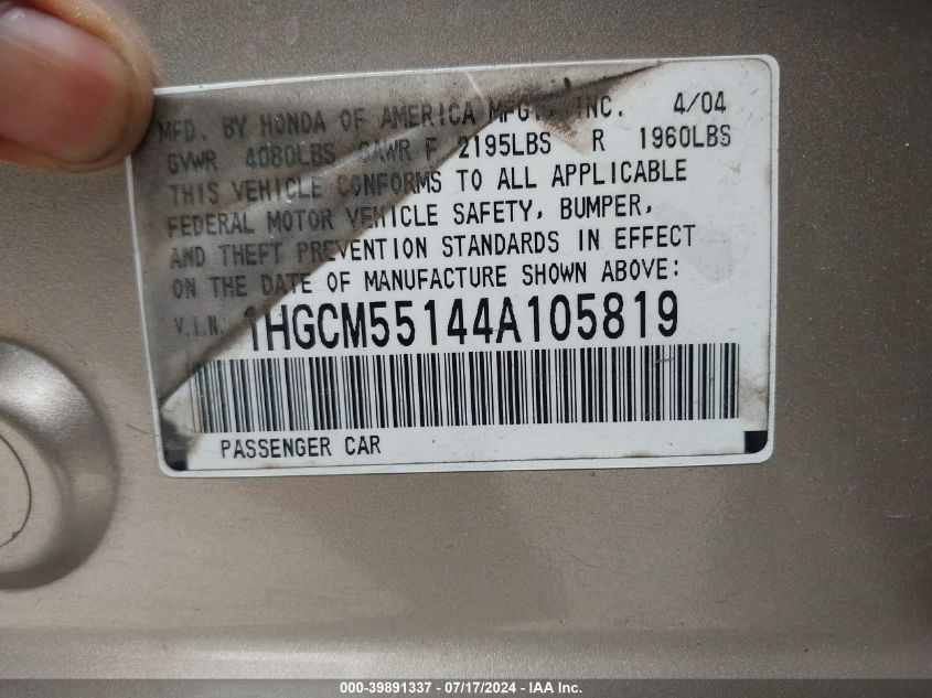 2004 Honda Accord 2.4 Dx VIN: 1HGCM55144A105819 Lot: 39891337