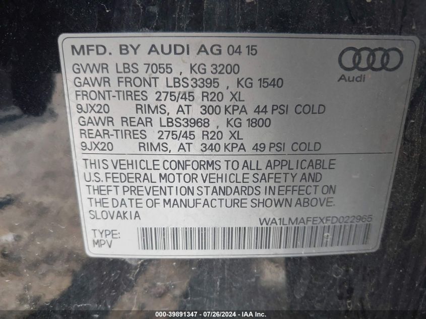 2015 Audi Q7 Tdi/Premium Plus VIN: WA1LMAFEXFD022965 Lot: 39891347