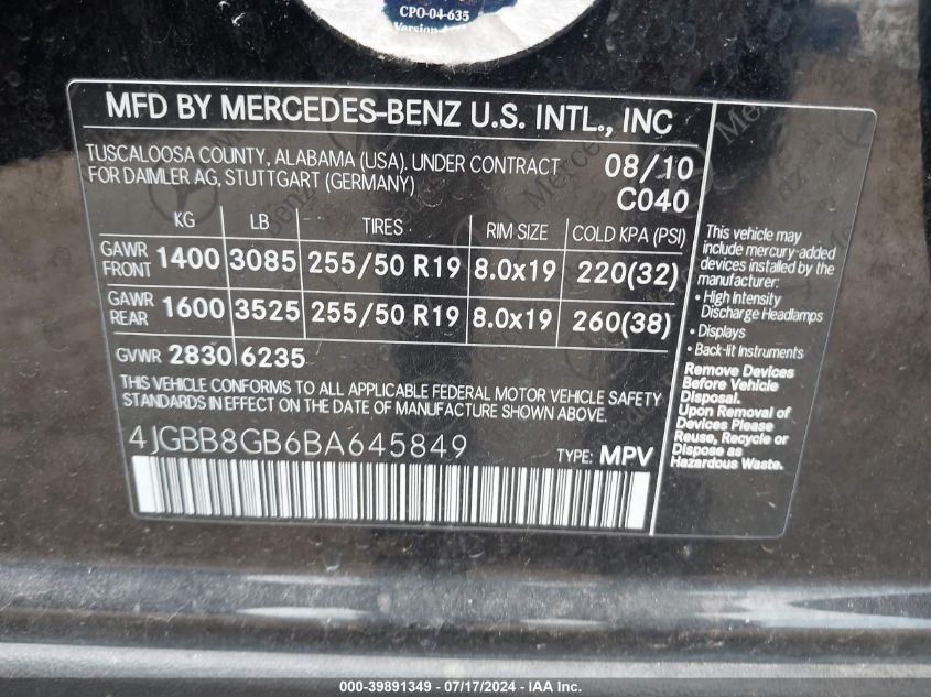 2011 Mercedes-Benz Ml 350 350 4Matic VIN: 4JGBB8GB6BA645849 Lot: 39891349