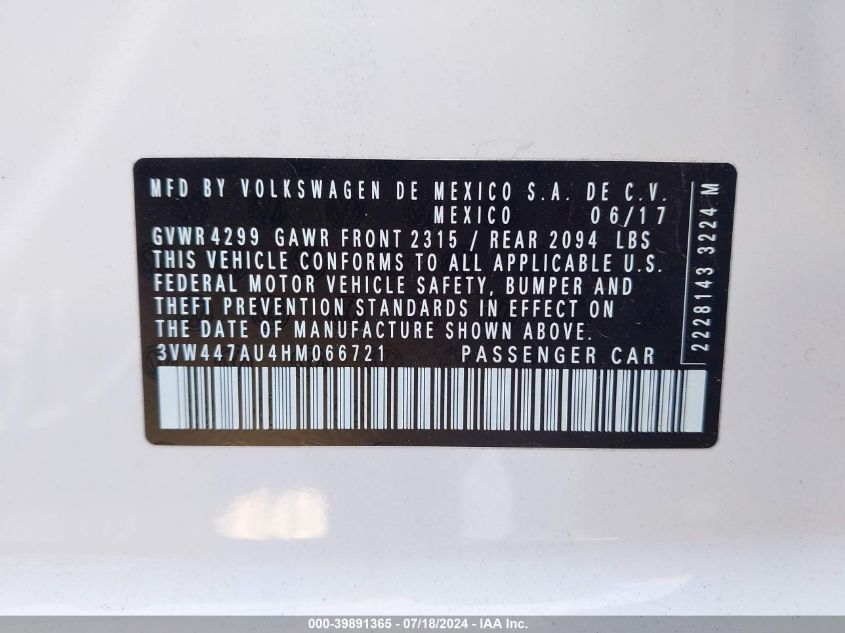 2017 Volkswagen Golf Gti Autobahn 4-Door/S 4-Door/Se 4-Door/Sport 4-Door VIN: 3VW447AU4HM066721 Lot: 39891365