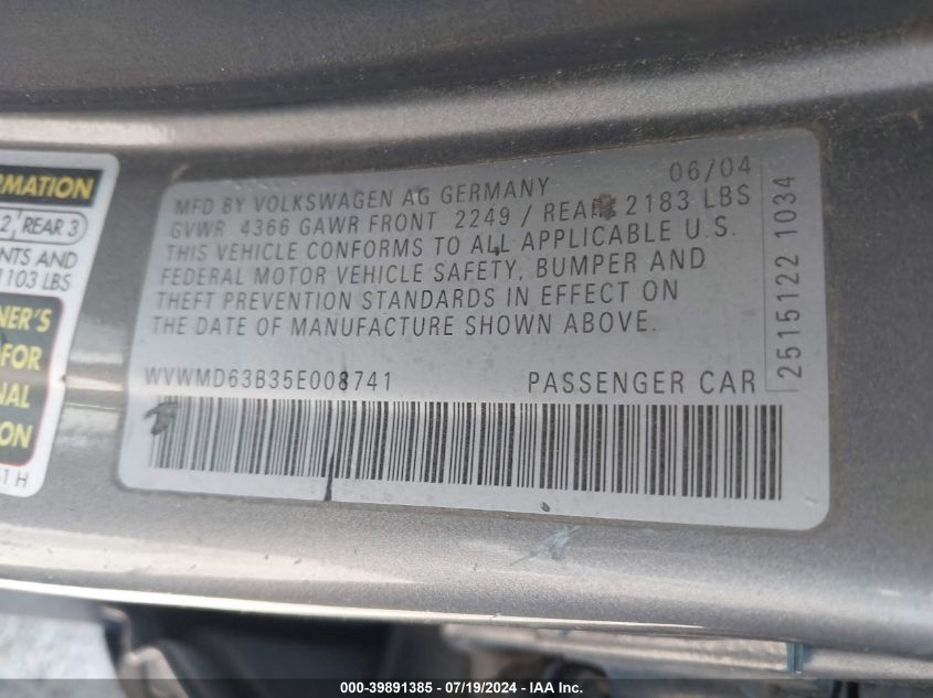 2005 Volkswagen Passat Gl VIN: WVWMD63B35E008741 Lot: 39891385